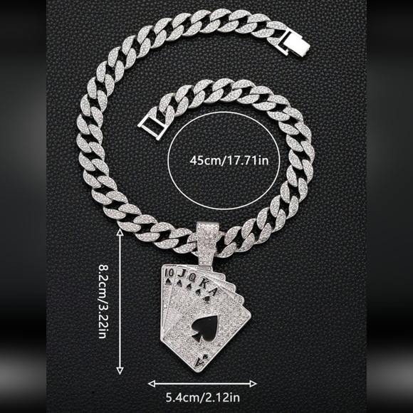 Hip Hop Iced Out Fully Rhinestone Silver Card Pendant & Cuban Chain Necklace 20" - Picture 6 of 13